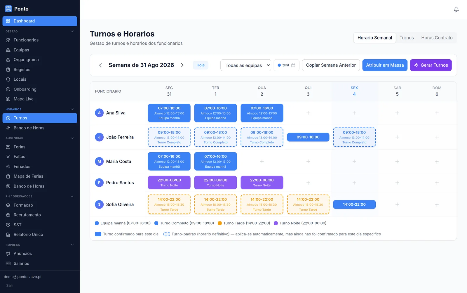 Ecrã de turnos e horários no Zavo, com os turnos da empresa e a escala atribuída à equipa