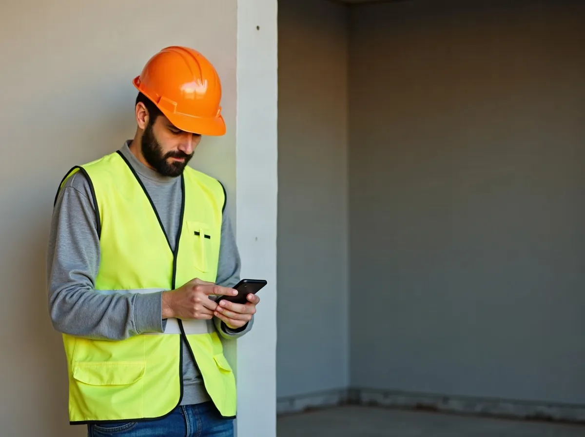 Encarregado de obra a consultar o telemóvel num estaleiro
