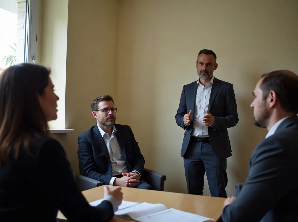 Sessao de formacao numa sala pequena, com um formador a explicar a um grupo