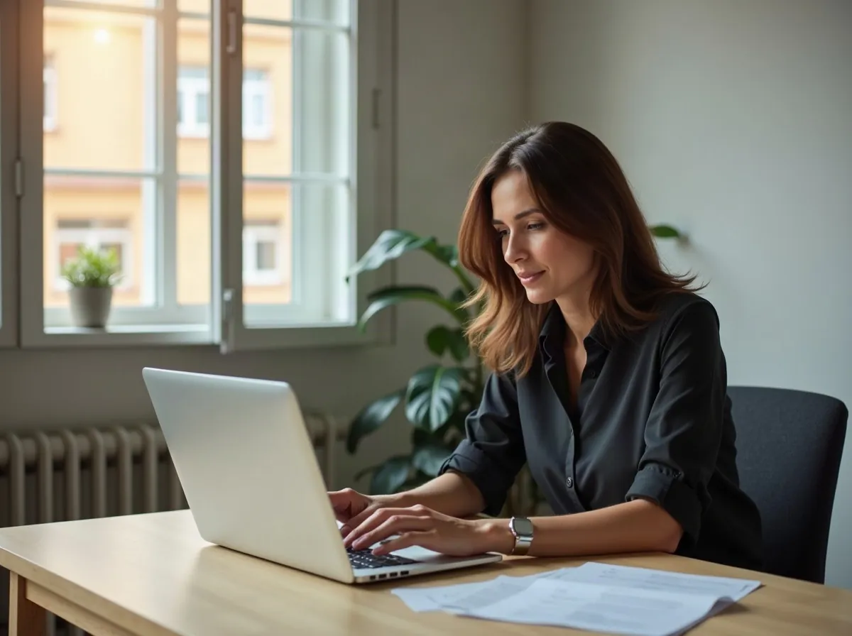 Empresaria a tratar de assuntos administrativos da empresa ao computador