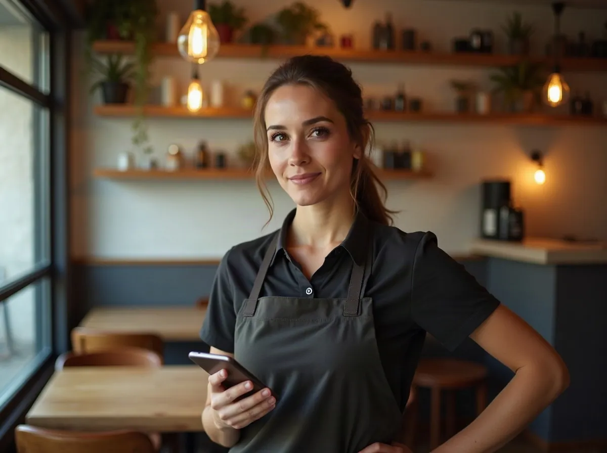 Gerente de restaurante a consultar o telemóvel na sala