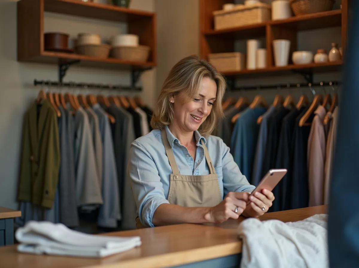 Comerciante ao balcão de uma loja a consultar o telemóvel
