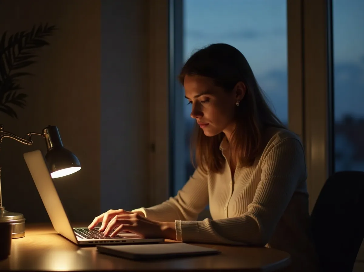 Gestora a rever horas ao fim do dia num pequeno escritorio